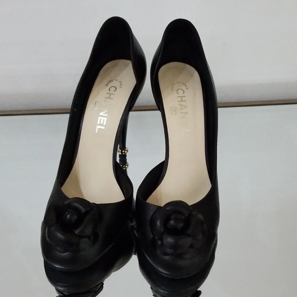 CHANEL Black Leather Camellia Peep-Toe Pumps